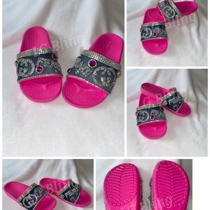 Custom made patched denim bling crocs slides. Hot pink women size 8.